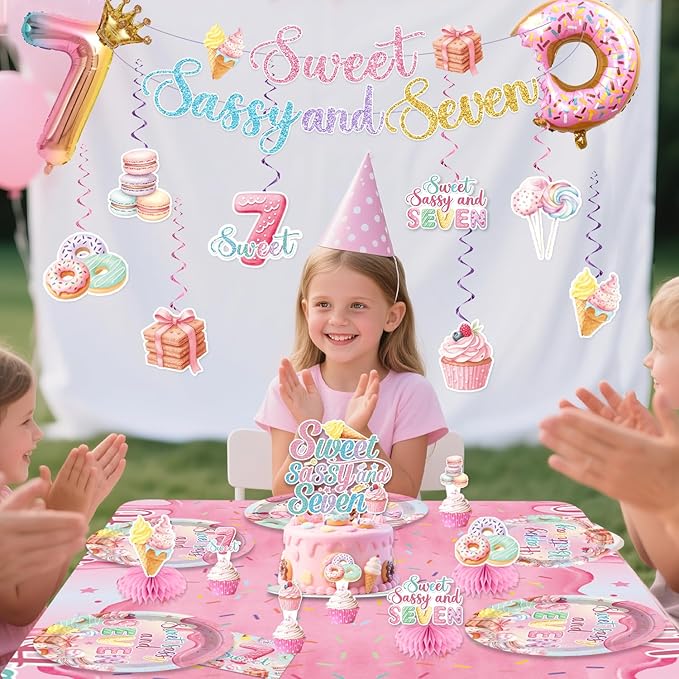 Xynic 200pcs 7th Birthday Decorations for Girls, Convenient Paper Tableware Set Includes Threaded Banner 350gsm Plates and Foil Balloons, for Sweet Sassy and 7 Birthday, Serves 25