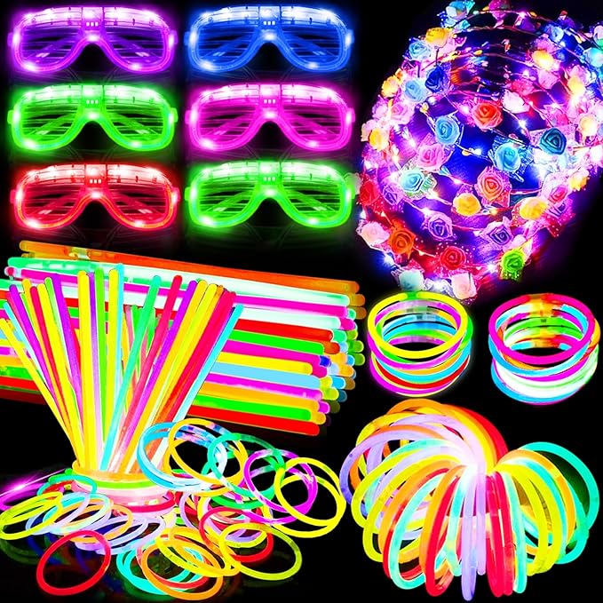 112 Pcs Glow in The Dark Party Supplies Glow Sticks Bulk LED Neon Party Favor Light Up Toys Gifts Kids Adult 100 Glow Sticks Necklaces Bracelets/6 Light Up Glasses/6 Led Headbands Easter Basket