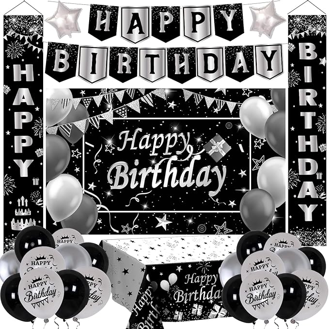 Black Birthday Decorations for Men Women, Black and Silver Party Decorations Boys Girls with Black Happy Birthday Banner Tablecloth Backdrop Porch Sign Door Decorations, Black Bady Party Supplies