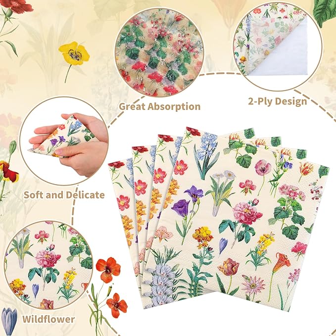 100 Pcs Floral Paper Napkins, 2-Ply Vintage Wildflower Cocktail Napkins Retro Decorative Decoupage Napkin Spring Dessert Beverage Napkin for Tea Party, Wedding, Birthday