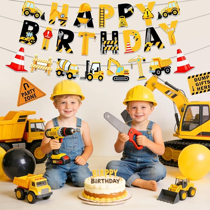 Construction Birthday Banner, Construction Birthday Party Supplies Vehicle Truck Paper Garlands Excavator Birthday Tablecloth for Boys and Girls