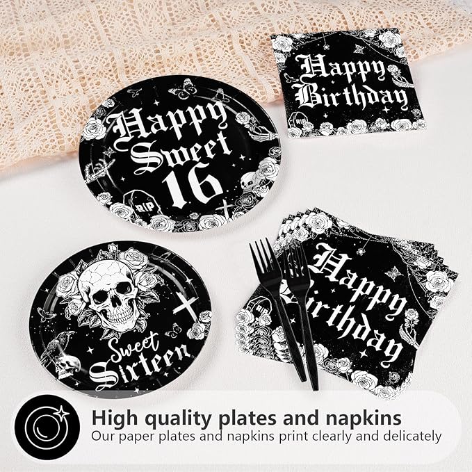 96Pcs Gothic Birthday 16th Party Decorations Goth Skeleton Plates and Napkins Tableware Sets Gothic Black White Skull Sweet Sixteen Decorations for 16 Years Old Birthday Party Supplies Serve 24