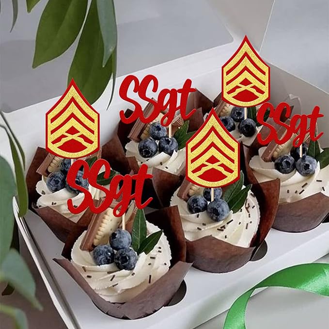 24 Pack SSGT Staff Sergeant Cupcake Toppers Glitter Military Bound Glitter Emblem Badge Cupcake Picks for Military Army Themed Cake Decorations Birthday Party Supplies Red Gold