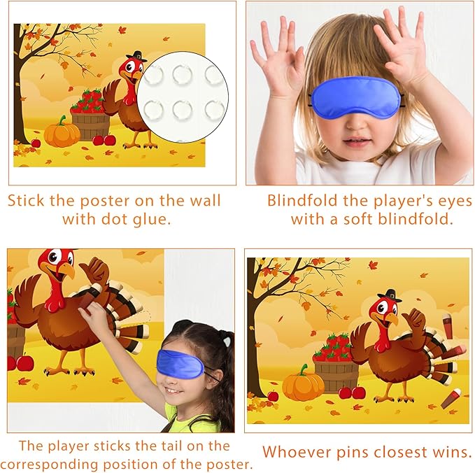 Morcheiong Pin The Tail on The Turkey Thanksgiving Game with 48 Tails, Thanksgiving Party Favors Activities Supplies Decorations for Kids