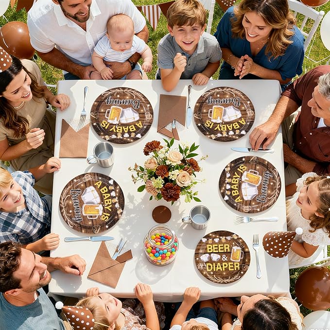 96Pcs Beer and Diaper Party Decorations A Baby is Brewing Baby Shower Plates and Napkins Tableware Set Beer And Bottle Diaper Decorations for Cheers Beers Brew Birthday Party Supplies Serves 24