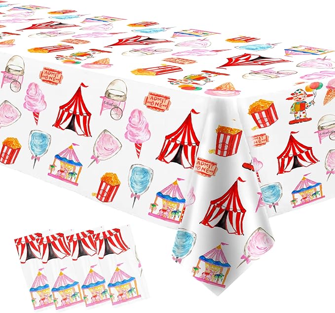 Circus Carnival Theme Party Tablecloth Decorations - Disposable Circus Party Decorations Tablecover, Carnival Table Cloth Circus Theme Table Decorations - 4 Pack (54in x 108in)
