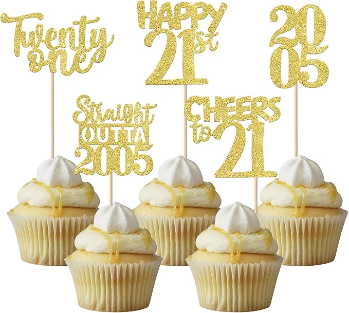 30PCS Happy 21st Birthday Cupcake Toppers Gold Glitter Twenty One Straight Outta 2005 Cupcake Picks Cheers to 21 Years Cake Decorations for 21st Birthday Anniversary Party Decoration Supplies