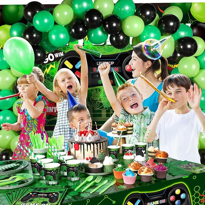 Tatuo 152 Pieces Video Game Birthday Party Supplies Gamer Party Table Cover Happy Birthday Backdrop Banner Tableware Balloons Sets for Boys Men Theme Party Decoration