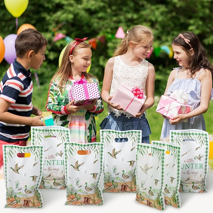 50Pcs Mallard Duck Baby Shower Party Favor Bags, A Little Hunter Is On The Way Plastic Goody Candy Treat Bags Party Decorations for Boys Girls Baby Shower Birthday Supplies