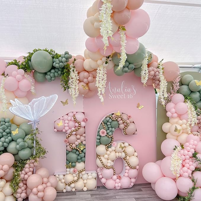 Sage Green Pink Balloons 12 Inch Olive Green Pastel Pink Ivory Metallic Gold Latex Balloon for Boho Baby in Bloom Fairy Floral Wildflower Tea Safari Jungle Baby Shower Birthday Party Decoration