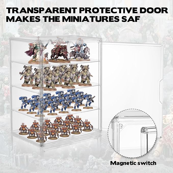 Clear Acrylic Miniature Storage Case with Magnetic Door for Collectibles Stackable Miniature Carrying Case Transport Action Figure Display Case for Warhammer 40k Miniatures, Death Guard 40k