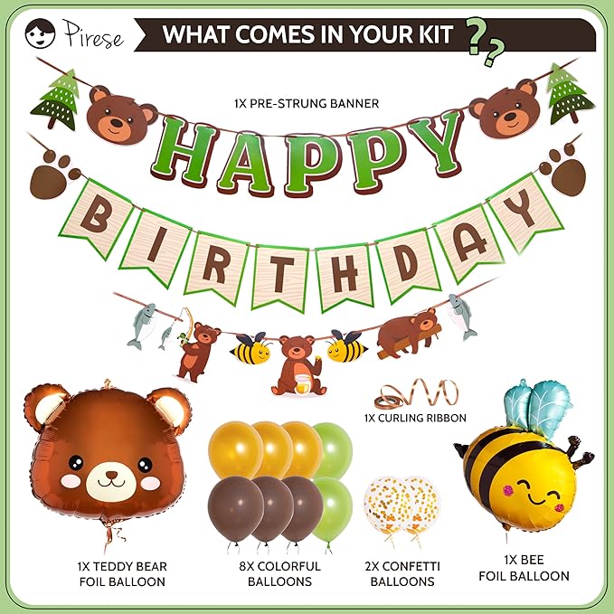 Pirese Teddy Bear Birthday Decorations – Beary First Party Supplies for Boys or Girls, Cute Garland and Bear Theme Decor for 1st Birthday, Baby Shower and Kids’ Party with Balloons