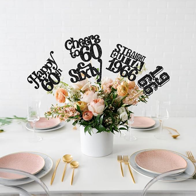 Gyufise 15Pcs Happy 60th Birthday Centerpiece Sticks Sixty Straight Outta 1966 Table Flower Centerpieces Sticks Cheers to 60 Decorations for 60th Birthday Party Supplies Black