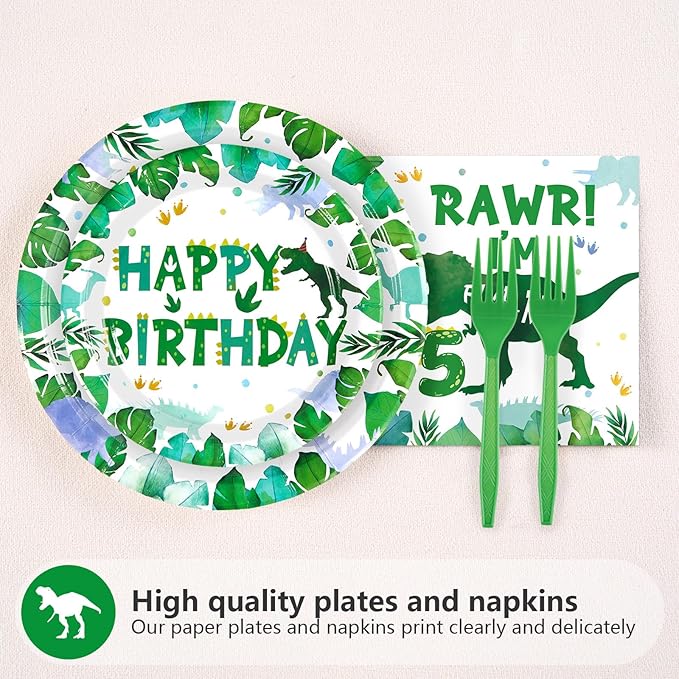 Grencian 96 Pcs Dinosaur 5th Birthday Decorations Five Rex Plates and Napkins 5 Years Old Dinosaur Party Supplies Roar I’m Five Dino Tableware Set for Boys Kids Dino Themed Party Favors Serves 24