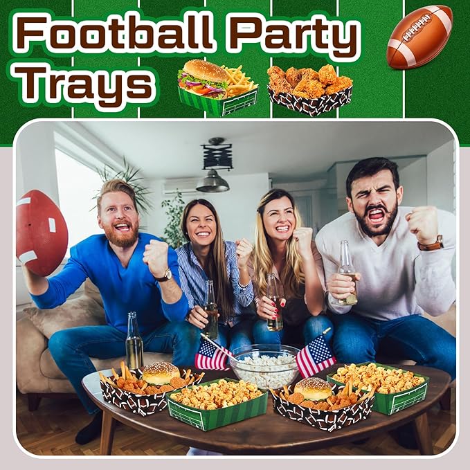 Teling 36 Pack Football Party Supplies Large 5 lb Football Plates Trays Bowls Paper Food Boats Disposable Nacho Serving Snack Trays for Sport Themed Birthday and Tailgate Party Decorations Favors