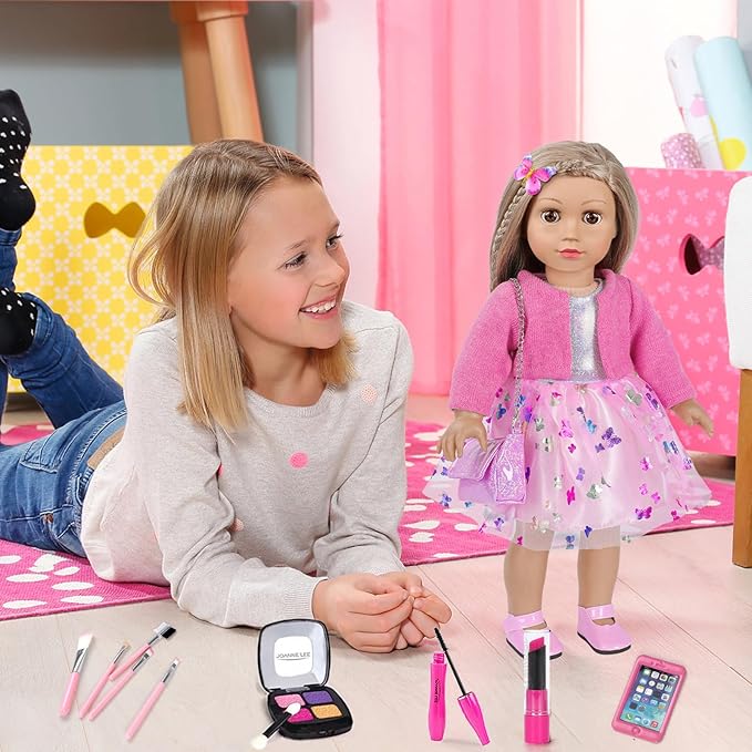 American 18 Inch Doll Makeup Accessories and Clothes,Messenger Bag Set for 18 Inch Dolls Include Phone Eye Shadow Lipstick Eyelash Brush Makeup Brush Butterfly Hair Clip and Shoes（No Doll）