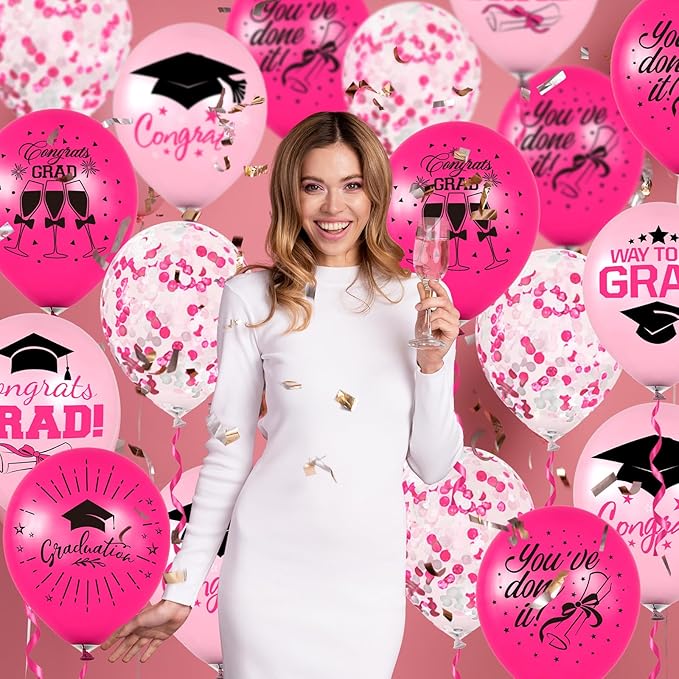 Whaline 60Pcs Graduation Party Balloon Set 7 Designs Confetti Latex Balloon with 2 Rolls Ribbon Congrats Grad Cap Balloons for Party Decor Supplies (Pink, Hot Pink)