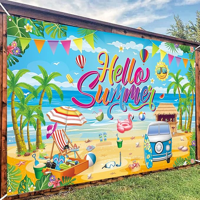 Hello Summer Party Decorations, Hello Summer Backdrop Banner for Hello Summer Party Decorations Supplies, 71 x 43 inch