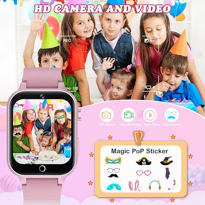 Kids Smart Watch with Camera, Video, Music Player, Alarm Clock, Stopwatch, Calendar, Pedometer, 1.54'' HD Touchscreen, Shockproof, IP68 Waterproof for Girls Boys 6-12 Years Old (Pink)