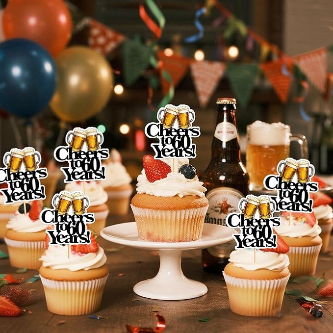 Ercadio 28 PCS Beer Party Cupcake Toppers Cheers and Beers Happy Birthday Decor for Cheers to 60 Years Cake Topper Favor for Summer Family Party Decor Supplies