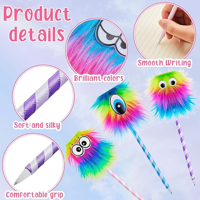 Outus 32 Pieces Rainbow Fluffy Monster Pens Cute Fun Pen for Monster Party Favors School Office Birthday Carnival Party Favor Supply