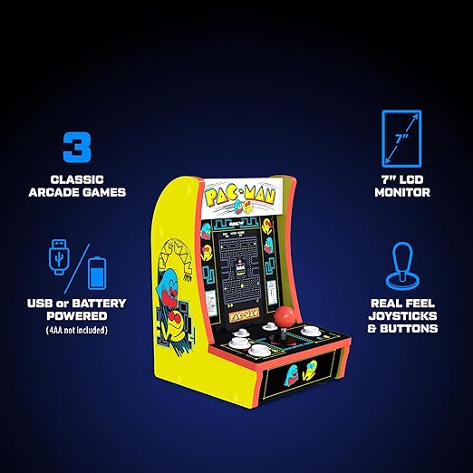 Arcade1Up Pac-Man Countercade Countertop Arcade Machine with 3 Retro Games, 7" LCD Screen and Full Size Real Feel Joysticks and Buttons,