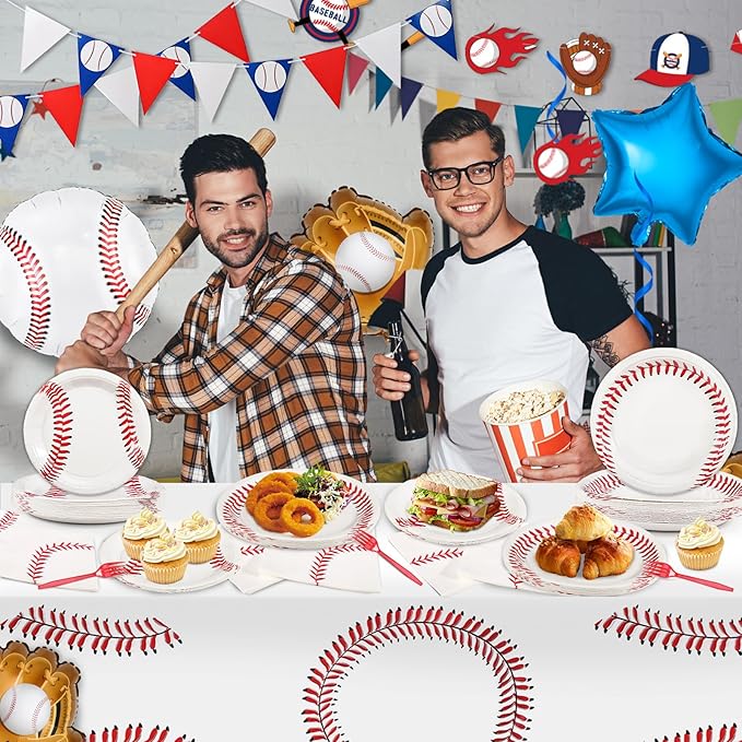 96 Pcs Baseball Party Decorations, Baseball Party Supplies Bundle Include Baseball Plates, Napkins, Forks, Baseball Birthday Party Decorations Serves 24