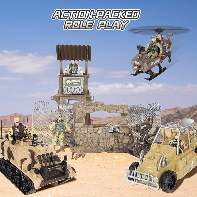 Army Toys, Kids Military Battle Playset with Army Men Action Figures, Army Vehicles, Tank, Truck, Boat, Motorcycle, Helicopter, Soldiers Weapons Accessories, Boys Great Military Gift Toy
