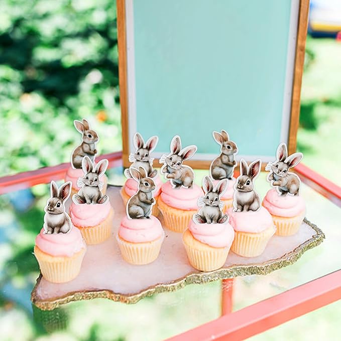 Ercadio 40 Pack Edible Cute Rabbit Cupcake Toppers Funny Bunny Cupcake Picks Realistic Rabbit Cupcake Toppers for Easter Day Theme Baby Shower Birthday Party Decor Supplies