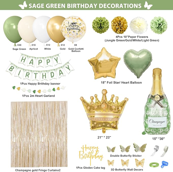 Ouddy Life Sage Green Birthday Decorations Green White Gold Confetti Balloon Fringe Curtain Happy Birthday Banner Cake Topper for Women Girls Boys Neutral Boho Safari Wild Party Supplies