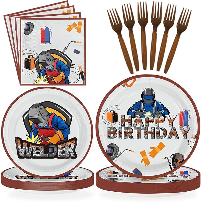 96 Pcs Electric Welding Birthday Party Decorations Welder Happy Birthday Plates and Napkins Disposable Electrician Theme Tableware for Welding Workers Repairman Party Supplies Serves 24