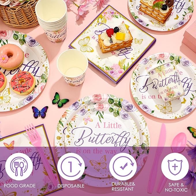 Dandat 350 Pcs Baby Shower Plates Set Baby Shower Party Supplies Serves 50 Tableware Sets Include Plates Napkin Cup Forks Knives Spoons Disposable Dinnerware(Butterfly,Purple)