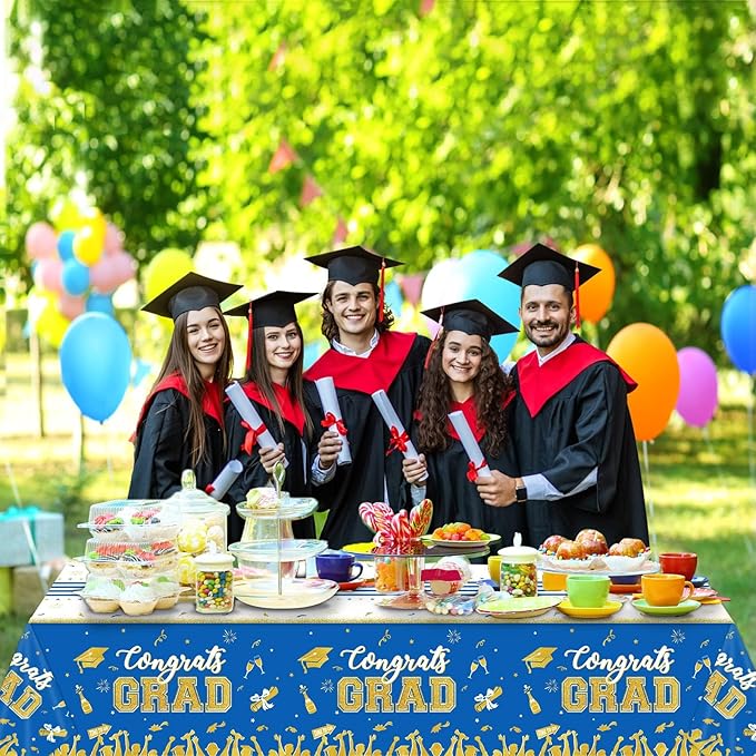 chiazllta Set of 3 Graduation Tablecloths Class of 2025 Congrats Grad Blue Graduation Party Tablecover Decorations Party Supplies Large Size Plastic 54"x108"(Blue & Gold)