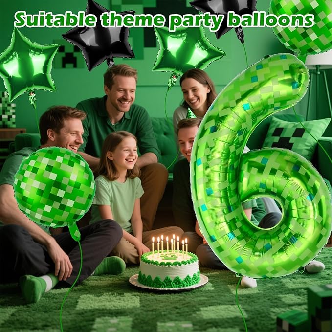 40 Inch Green Pixel Themed Number 6 Balloon Set Foil Balloon for Girls & Boys Birthday Party Decorations, Party Supplies & Favors (Number 6)