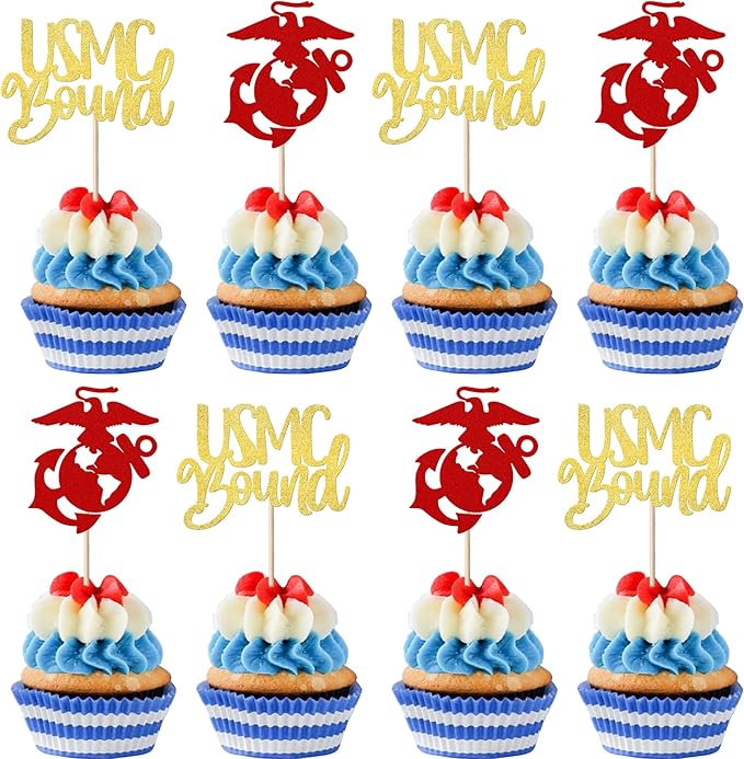 24 Pack Military Cupcake Toppers Glitter Semper Bound Emblem Cupcake Picks Navy Congrats Army Theme Birthday Cake Decorations Party Supplies Red Gold