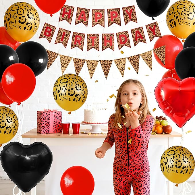 Red Black Leopard Birthday Decorations, Gold Cheetah Print Animal Balloons Black Red and Heart Balloons, Cheetah Happy Birthday Banner for Safari Wild Birthday Baby Shower Jungle Theme Party Supplies