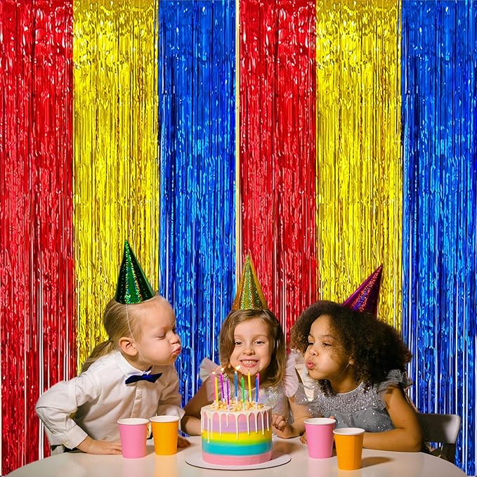 2 Pack Construction Foil Fringe Curtains, 3.3x6.6 Ft Blue Red and Gold Tinsel Backdrop Party Decorations Door Streamers for Birthday House Doorway Room,Photo Booth Props, Party Supplies