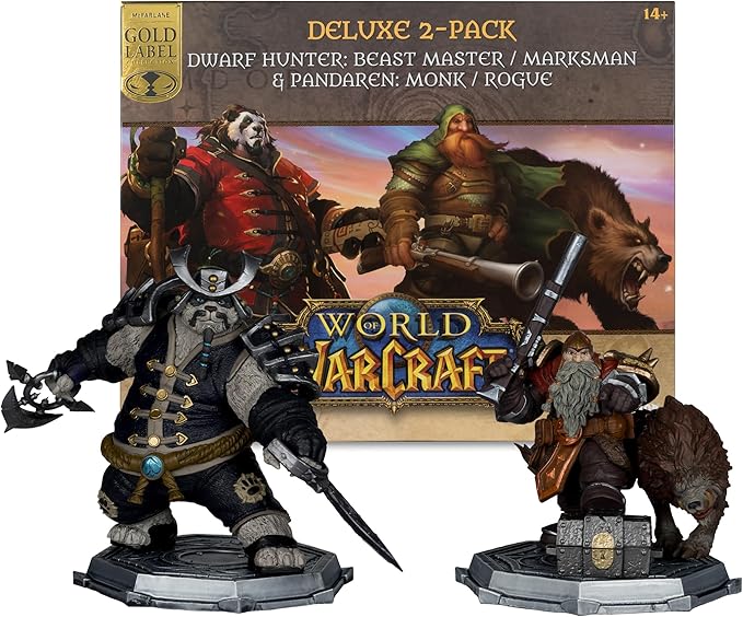McFarlane Toys - World of Warcraft Dwarf Hunter: Beastmaster & Marksman and Pandaren: Monk & Rogue 1:12 Scale Posed Figure Deluxe 2pk Gold Label