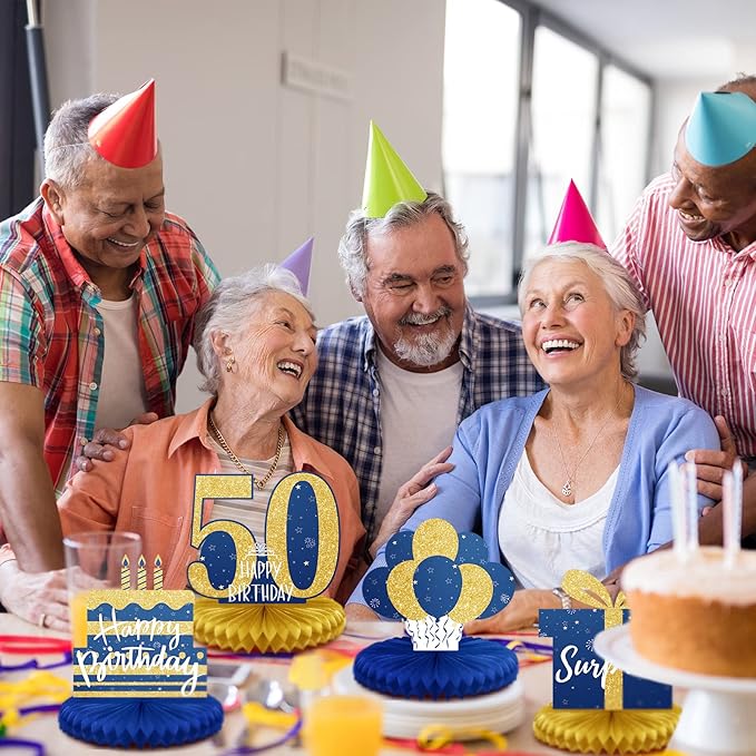 Spakon 8 Pieces Blue Gold 50th Birthday Table Decorations 50th Birthday Honeycomb Centerpieces Glitter Table Toppers Blue and Gold Party Decorations for Men and Women Party Supplies