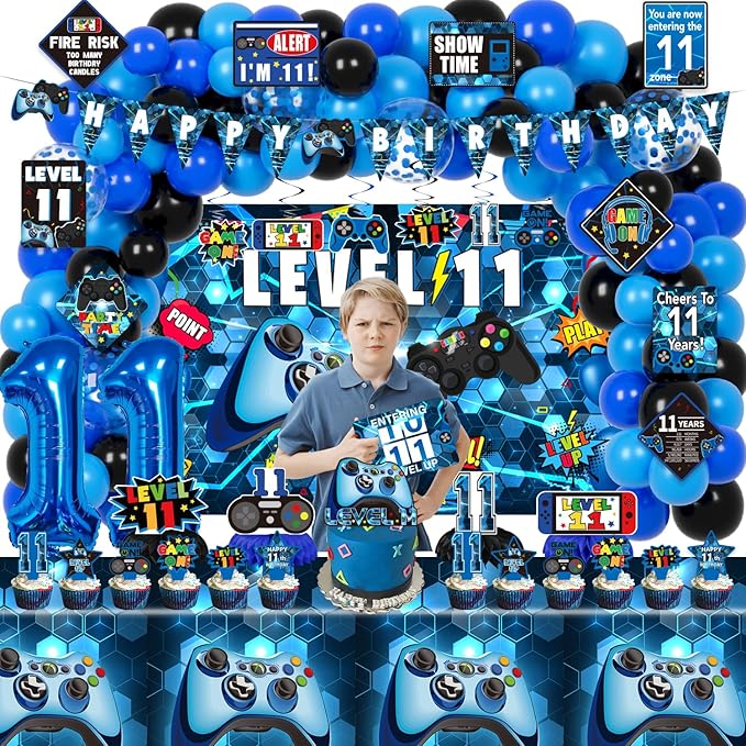 11th Birthday Decorations for Boys, 149Pcs Blue Video Game level 11 Party Supplies for Boy 11th Birthday - Backdrop, Banner, Balloons, Tablecloth, Centerpieces, Hanging Swirls, Wall Signs