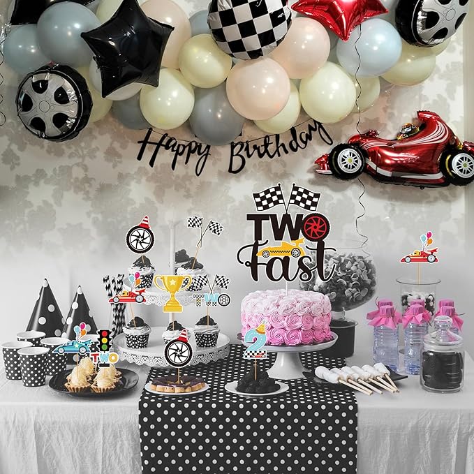 Two Fast Cake Decorations - 25 Pcs Race Car Theme Curious Baby 2nd Birthday Cupcake Topper Let's Go Racing Table Decor Trophy Checkered Flag Traffic Light 2 Years Old Party Supplies for Boys