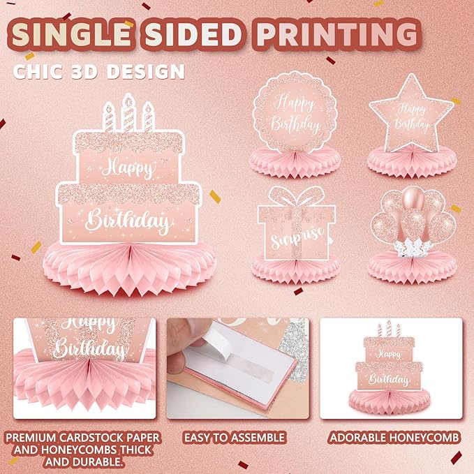 Yexiya 8 Pcs Pink Birthday Centerpiece Table Decoration, Happy Birthday Honeycomb Centerpieces Honeycomb Table Toppers for Men Women Party Supplies