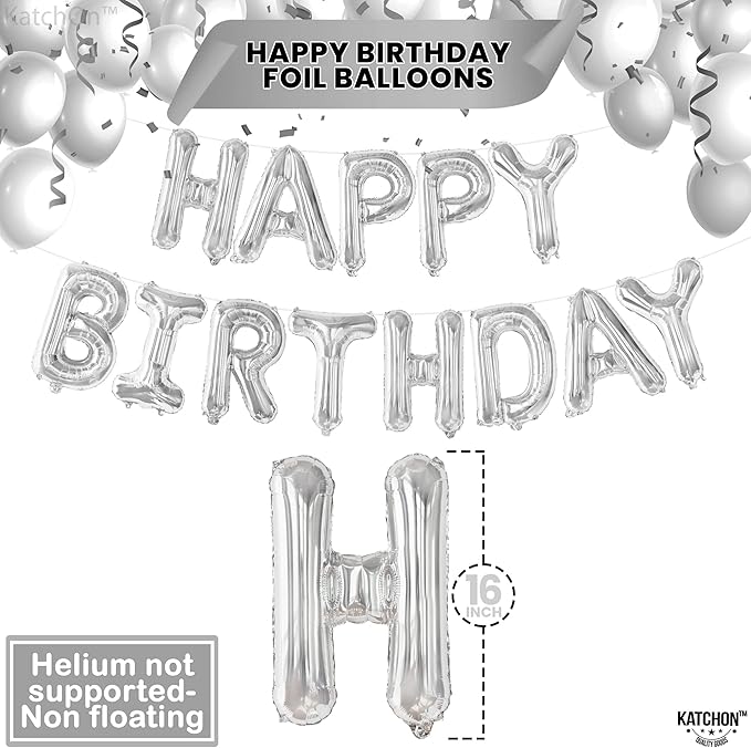 KatchOn, Silver Happy Birthday Banner Balloons Letter - 16 Inch | 3D Silver Mylar Foil Letters Balloons with Ribbon | Happy Birthday Decorations for Women Men Party Supplies