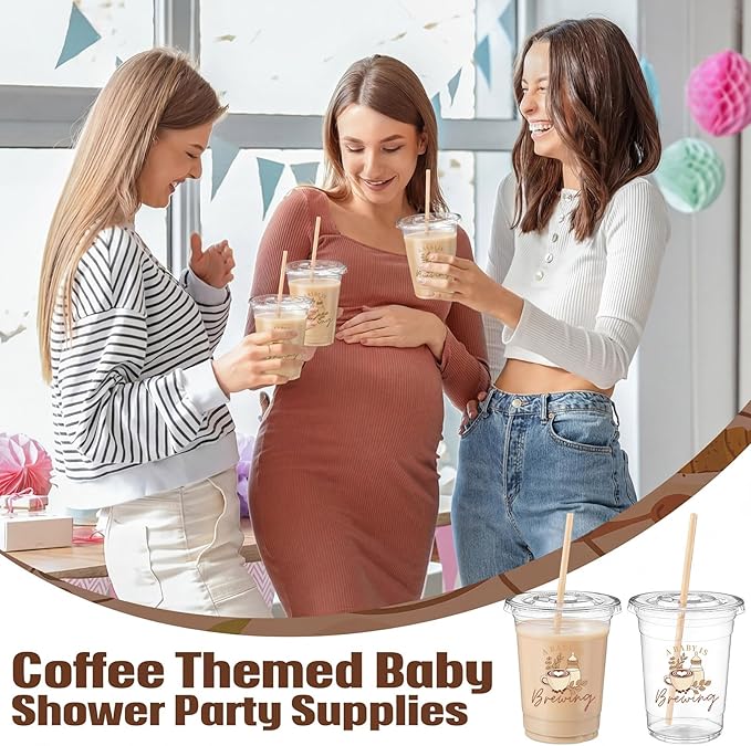 50 Pcs A Baby Is Brewing Plastic Cups Coffee Theme Tumblers Bulk Brown Brewing Baby Shower Party Decorations Disposable Cups for Coffee Theme Gender Reveal Party Supplies