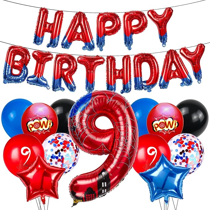 Cartoon Hero 40 Inch Red and Blue Spider Theme Number Foil Birthday Decoration Balloon, Spider Theme Happy Birthday Banner Party Decoration Balloon, Letter Logo Superhero Party Supplies (9)