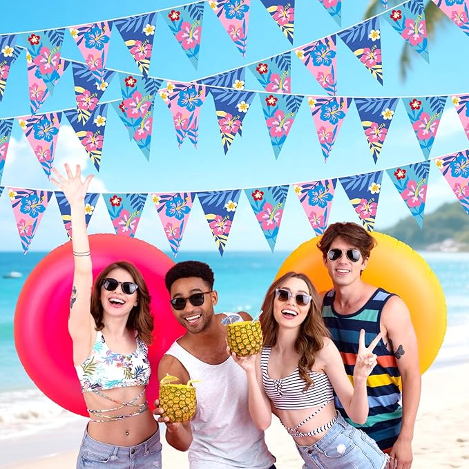 Pasimy 5 Pcs Cartoon Hawaiian Party Decorations Pink Blue Hawaiian Hibiscus Pennant Banners Flower Bunting Pre-Strung Paper Triangle Flags for Cartoon Tropical Luau Birthday Baby Shower Party Supplies