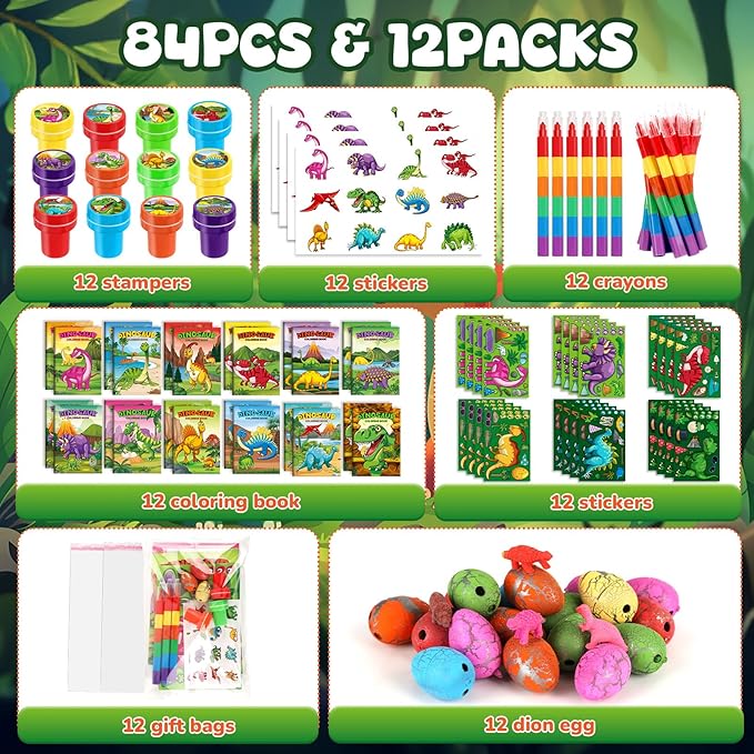 BenLouis 84Pcs Dinosaur Party Favors Dino Theme Coloring Books Crayons Sticker Set Bulk for Kids Jurassic Birthday Goodie Bag Stuffer Classroom Gifts Rewards Craft Pinata Fillers
