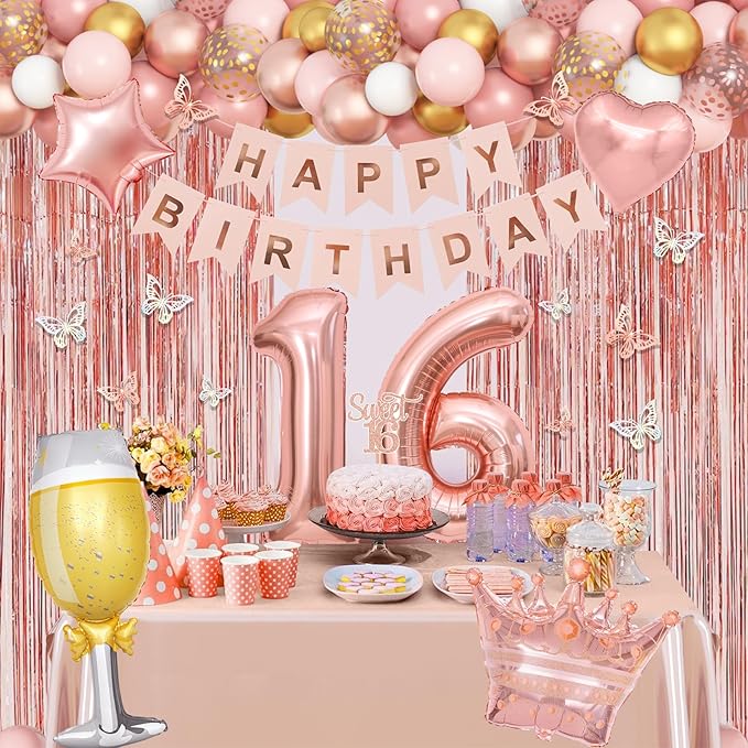 Amandir Sweet 16 Party Decorations, 16th Birthday Decorations for Girls Rose Gold Pink Foil Number Balloons Table Cloth Crown Sash Fringe Curtains Happy Birthday Banner Butterfly Party Supplies