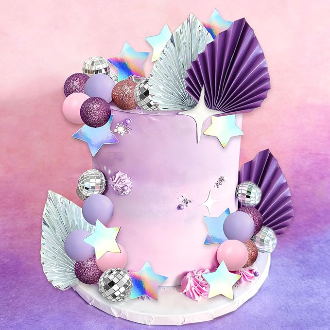 41Pcs Cool Girl Cake Decorations Purple Disco Ball Cake Topper Singer Stars Birthday Decoration Purple Cool Girl Bachelorette Party Supplies Bridal Shower Decor