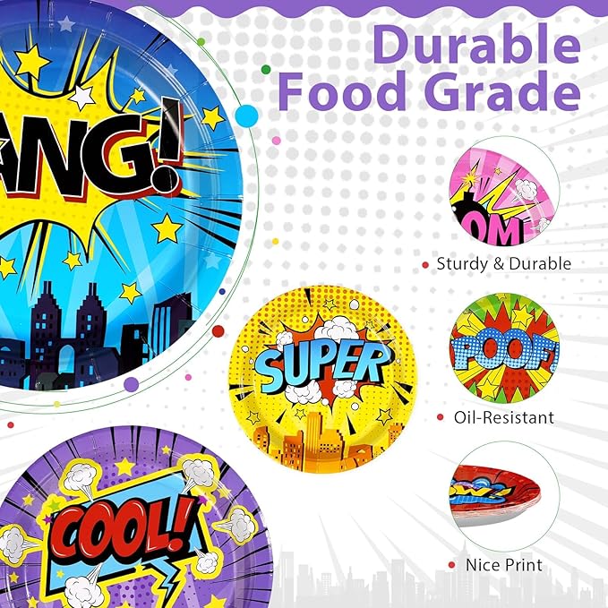 60Pcs Super Theme Hero Party Plates 9"Large Disposable Colorful Comic Super Paper Plates Hero's Action Sign Dessert Plate Super Theme Hero Birthday Decoration for Kid Baby Shower Spider Party Supplies